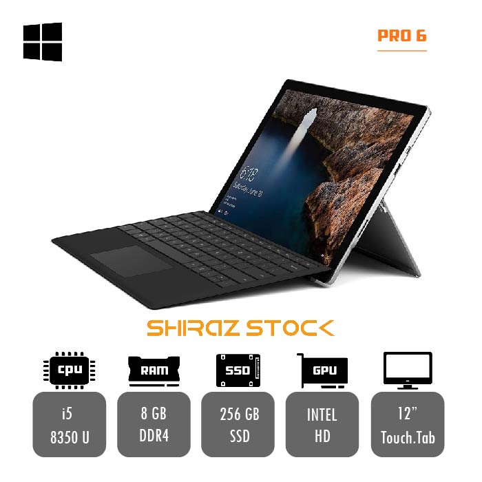 تبلت استوک Microsoft Surface Pro 6 با پردازنده i5-8350U، رم 8GB DDR4 و حافظه 256GB SSD، صفحه نمایش 12.3 اینچی PixelSense .